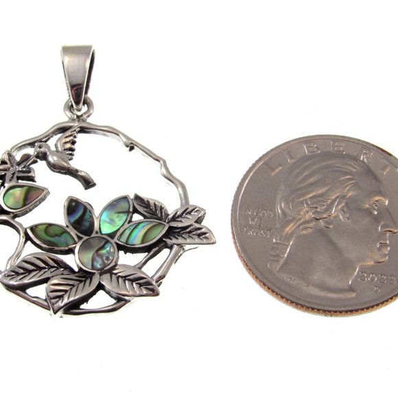 Solid 925 Sterling Silver Hummingbird & Flowers Pendant with Inlaid Paua Shell - Picture 4 of 7